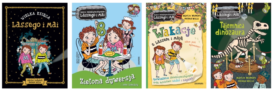 Cztery okładki książek. Na kżdej dwoje głównych dziecięcych bohaterów. Maja w różowej bluzie z literką M oraz Lasse w żółtej z czarno białym paskiem.