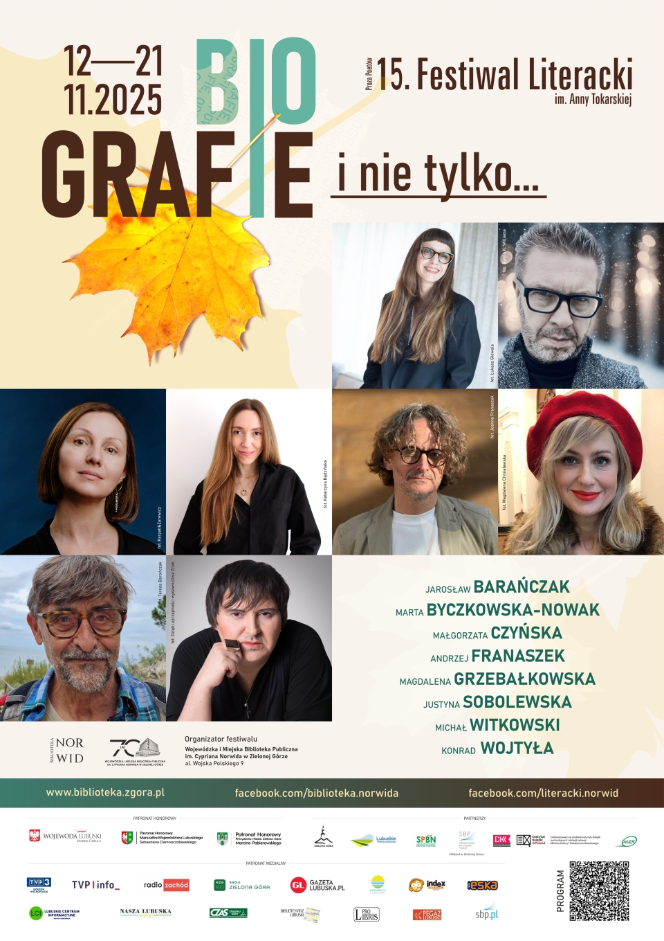 plakat wydarzenia ze zdjęciami i nazwiskami zaproszonych autorów oraz logotypami patronów i partnerów