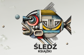 grafika ryby z kolorowych figur geometrycznych, ryba na==ma oko z lunetą i usta jak człowiek. napis na dole: śledź książki