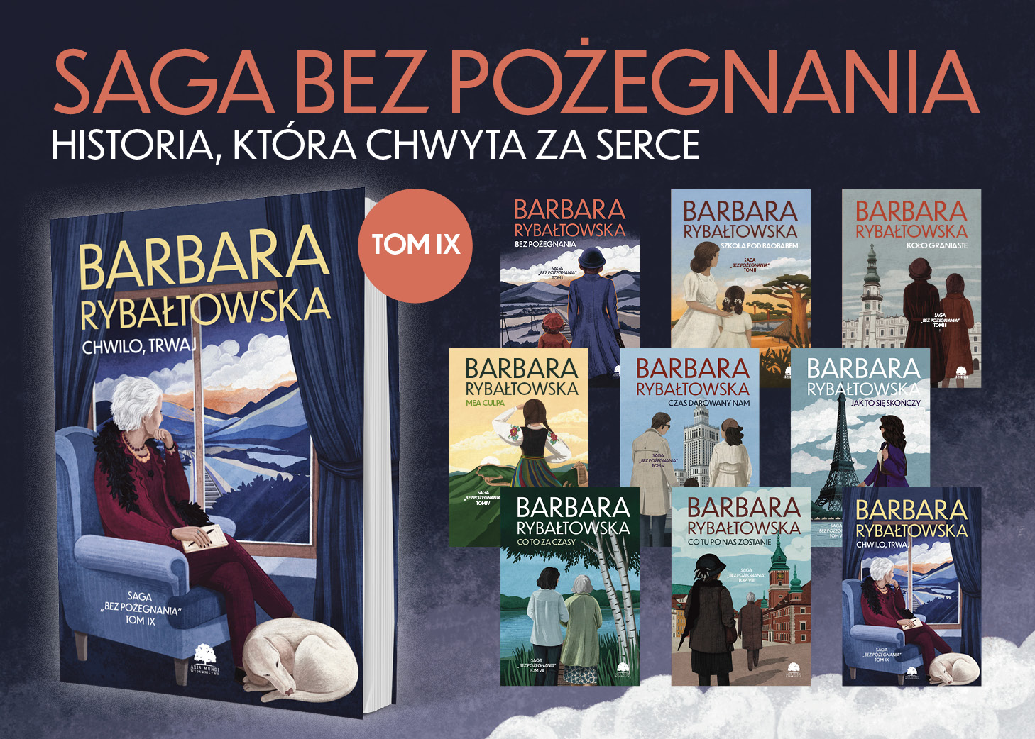 Okładki dziewięciu tomów. napis Saga bez pożegnania. Historia, która chwyta za serce